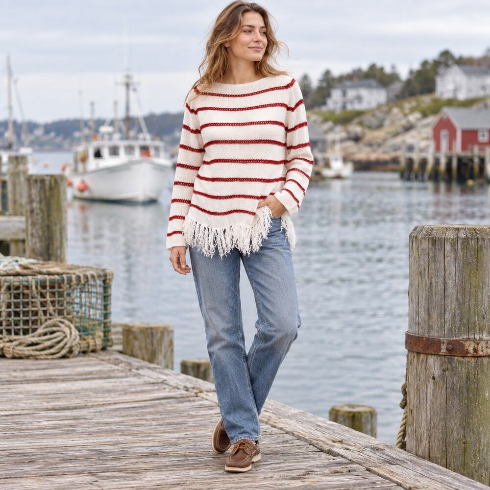 W by Worth Breton Stripe Womens Sweater Sz S Fisherman Nautical Fringe Preppy